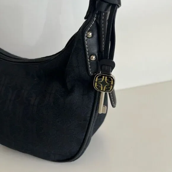 Fossil Y2K Mini Hobo Black Jacquard Leather Trim Logo Vintage Crescent Baguette - Picture 5 of 15